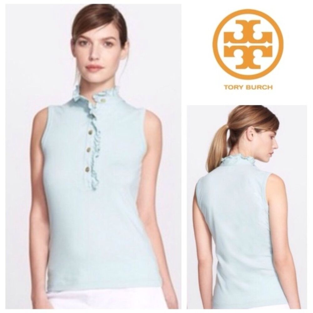 Tory Burch Lidia Sleeveless Ruffle Polo Top Gold Logo Buttons | Medium | Seafoam